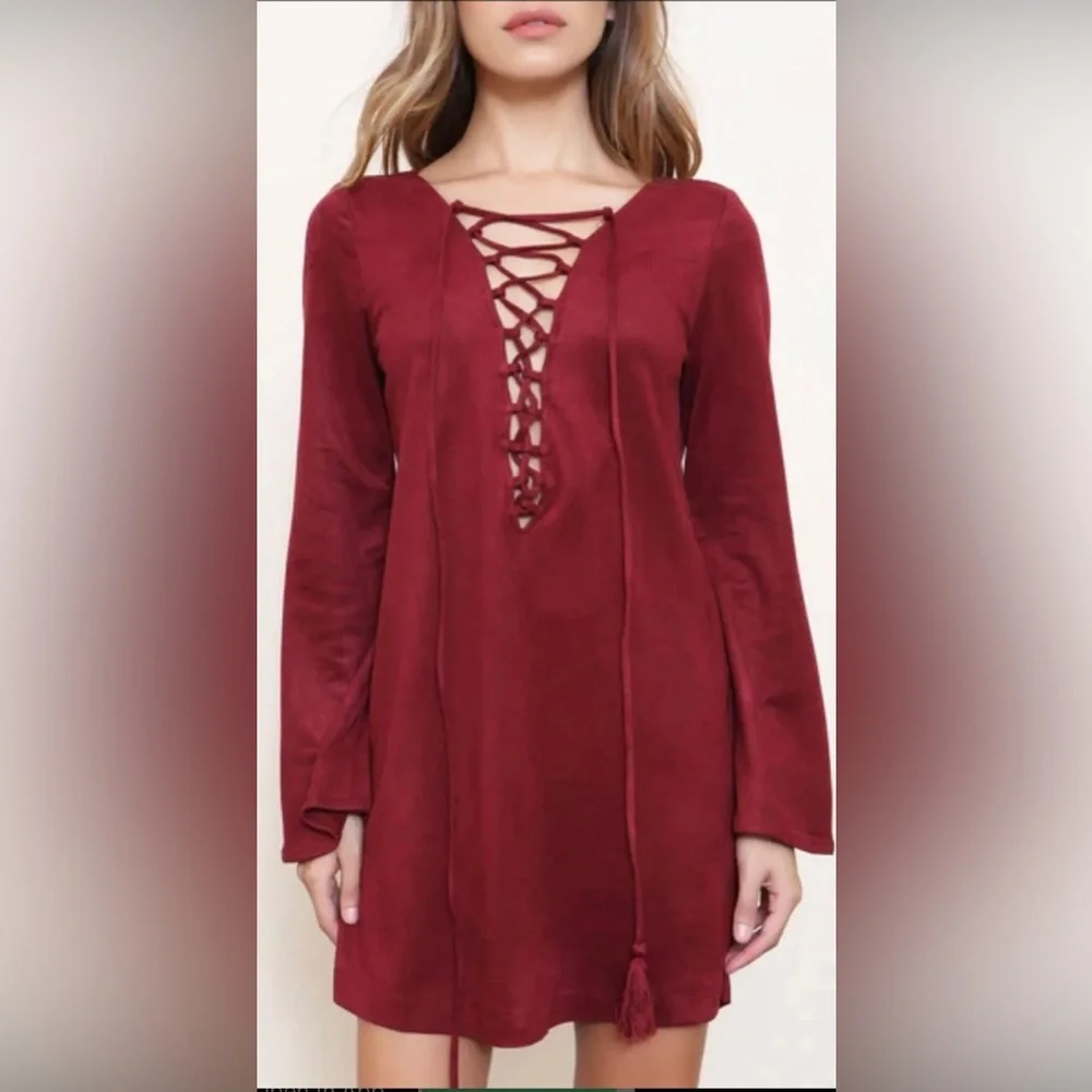 OLIVACEOUS ~ Tan Vegan Suede Dress with Bell Sleeves and Tie Detail ~Size Med - Picture 4 of 12